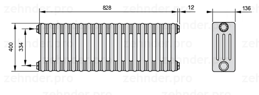 Схема (чертеж) Радиатор Zehnder Charleston 4040/18 №1270 Белый глянцевый RAL 9016